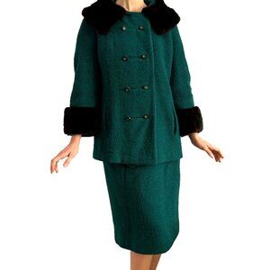 Contessa Mink Fur & Wool Blend Teal Jacket Skirt Coord Set 60s 70s Suit Dress